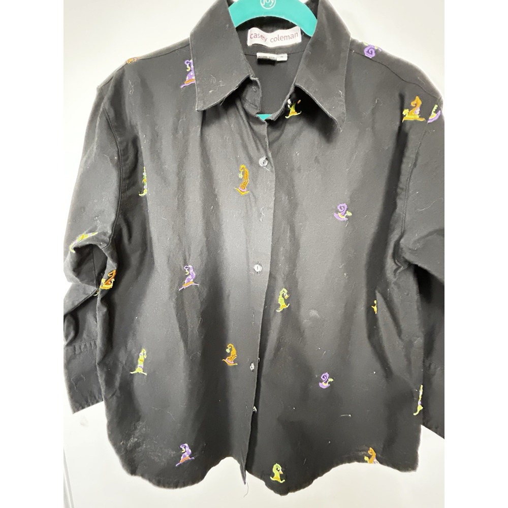 Casey Coleman Women's Black Embroidered Halloween Collared Button-Up Shirt M